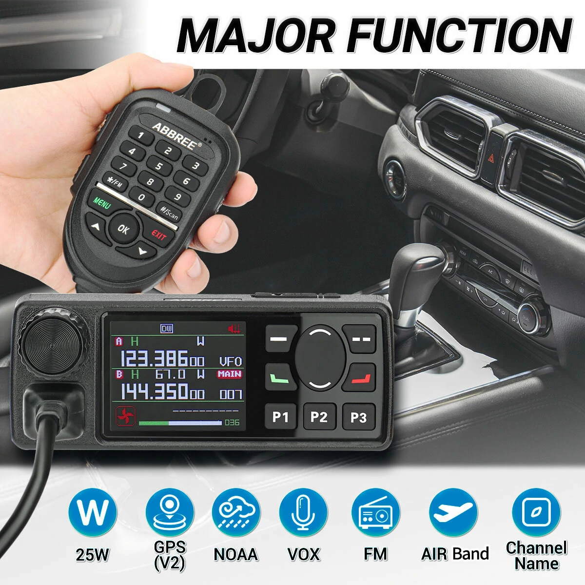 ABBREE AR-2520 25W Walkie Talkie AM Full Band Mobie Radio 108-520MHz 999 Channels Amateur GPS Radio Car Radio Station with Hand Mic