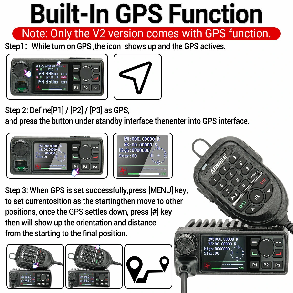 ABBREE AR-2520 25W Walkie Talkie AM Full Band Mobie Radio 108-520MHz 999 Channels Amateur GPS Radio Car Radio Station with Hand Mic