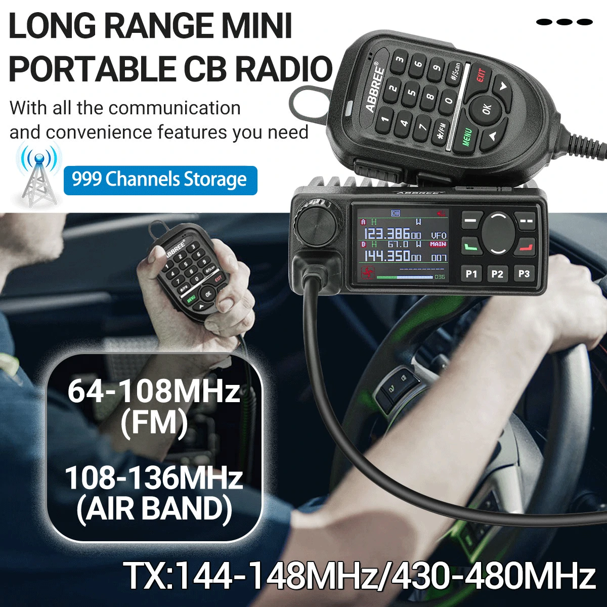 ABBREE AR-2520 25W Walkie Talkie AM Full Band Mobie Radio 108-520MHz 999 Channels Amateur GPS Radio Car Radio Station with Hand Mic