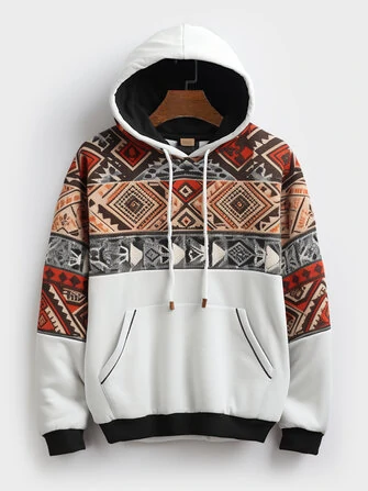 Mens Ethnic Geometric Print Patchwork Contrast Kangaroo Pocket Hoodies