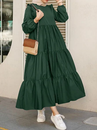 Women Solid Cotton Ruffles Hem Layered O-Neck Tiered Dress Casual Long Sleeve Maxi Dress
