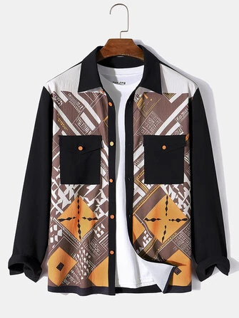 ChArmkpR Mens Casual Long Sleeve Shirt Vintage Geometric Print Patchwork Flap Pocket Lapel Shirt without T-shirt