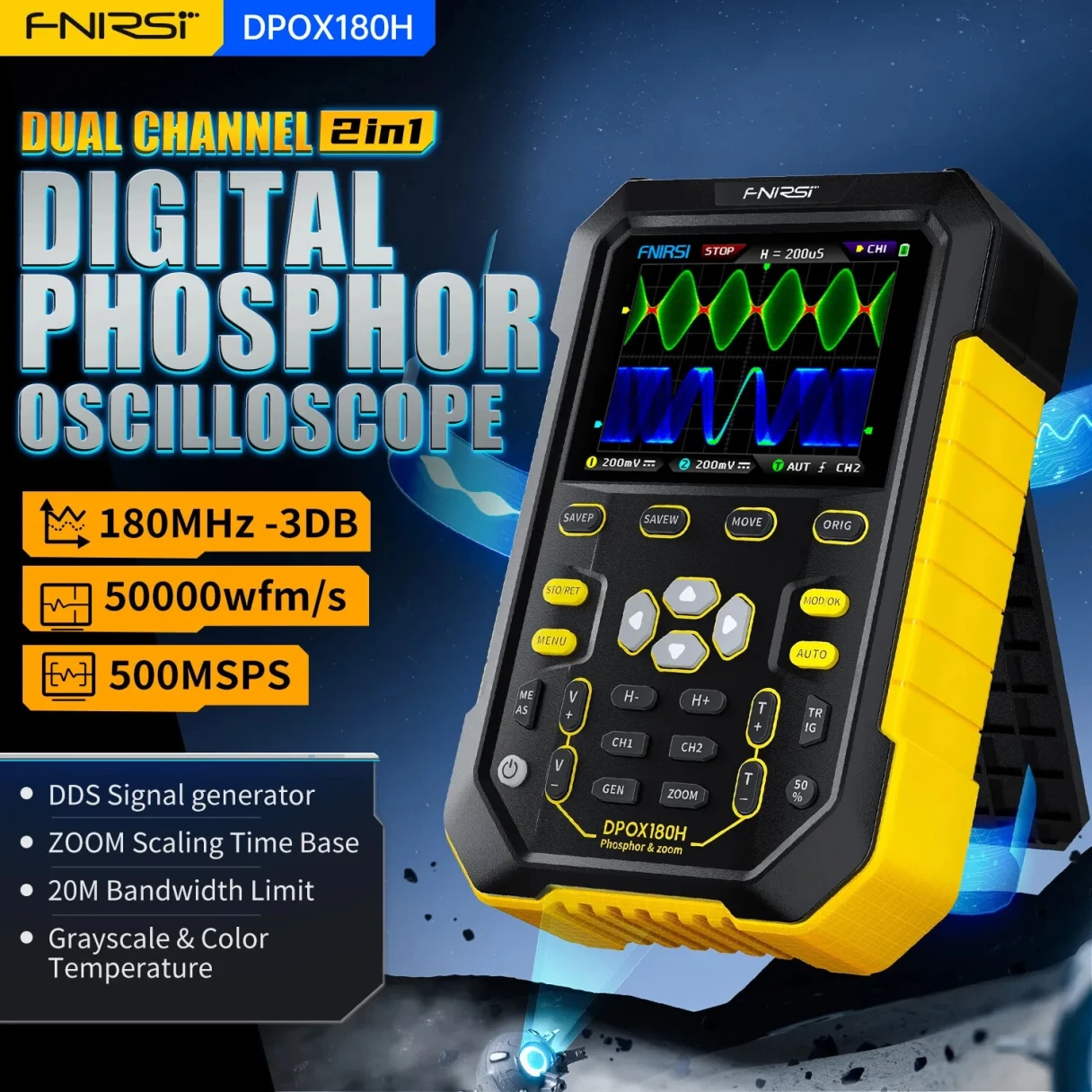 FNIRSI DPOX180H Handheld Dual Channel Digital Oscilloscope 180MHz-3DB 2 In 1 Function Signal Generator Fluorescence Display ZOOM