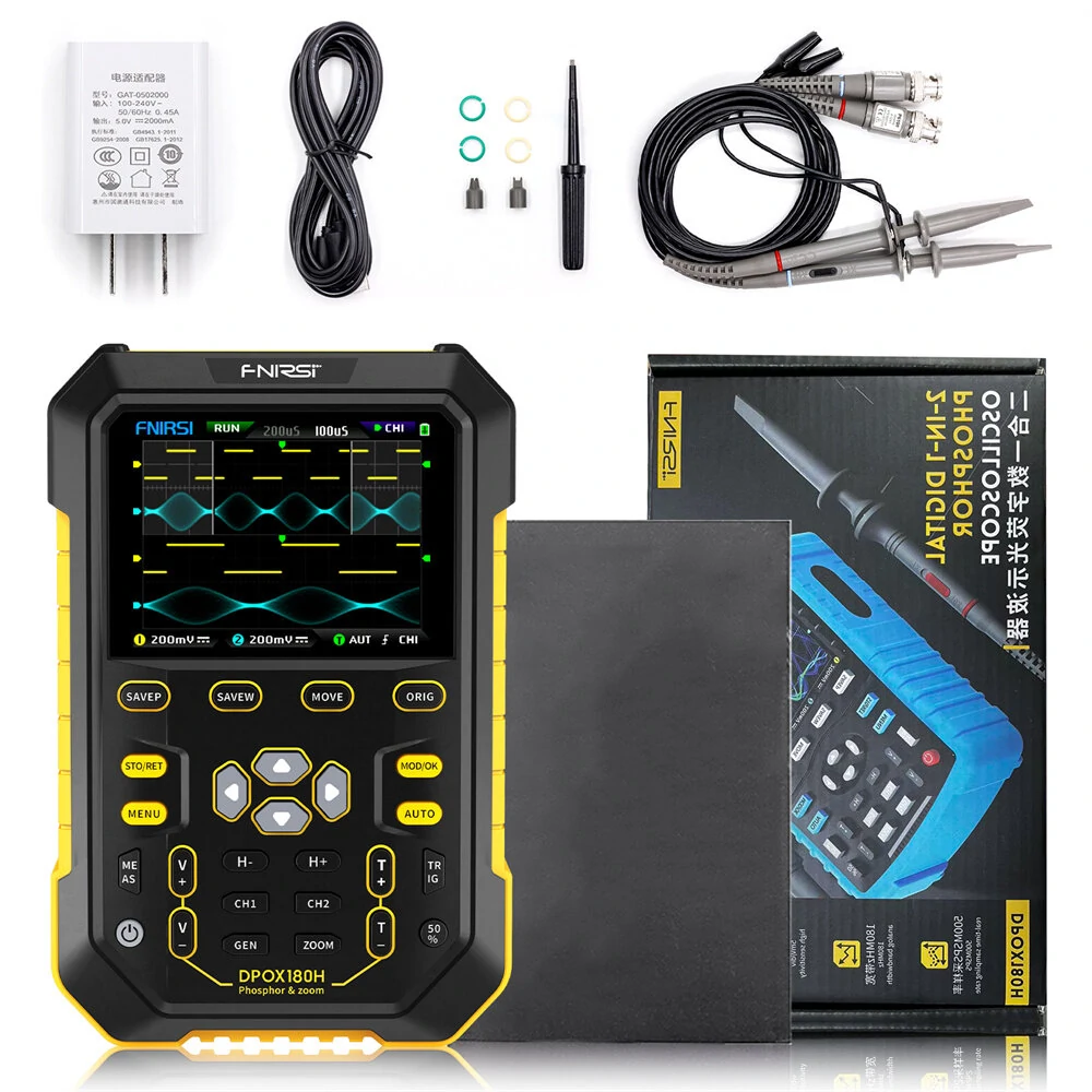 FNIRSI DPOX180H Handheld Dual Channel Digital Oscilloscope 180MHz-3DB 2 In 1 Function Signal Generator Fluorescence Display ZOOM