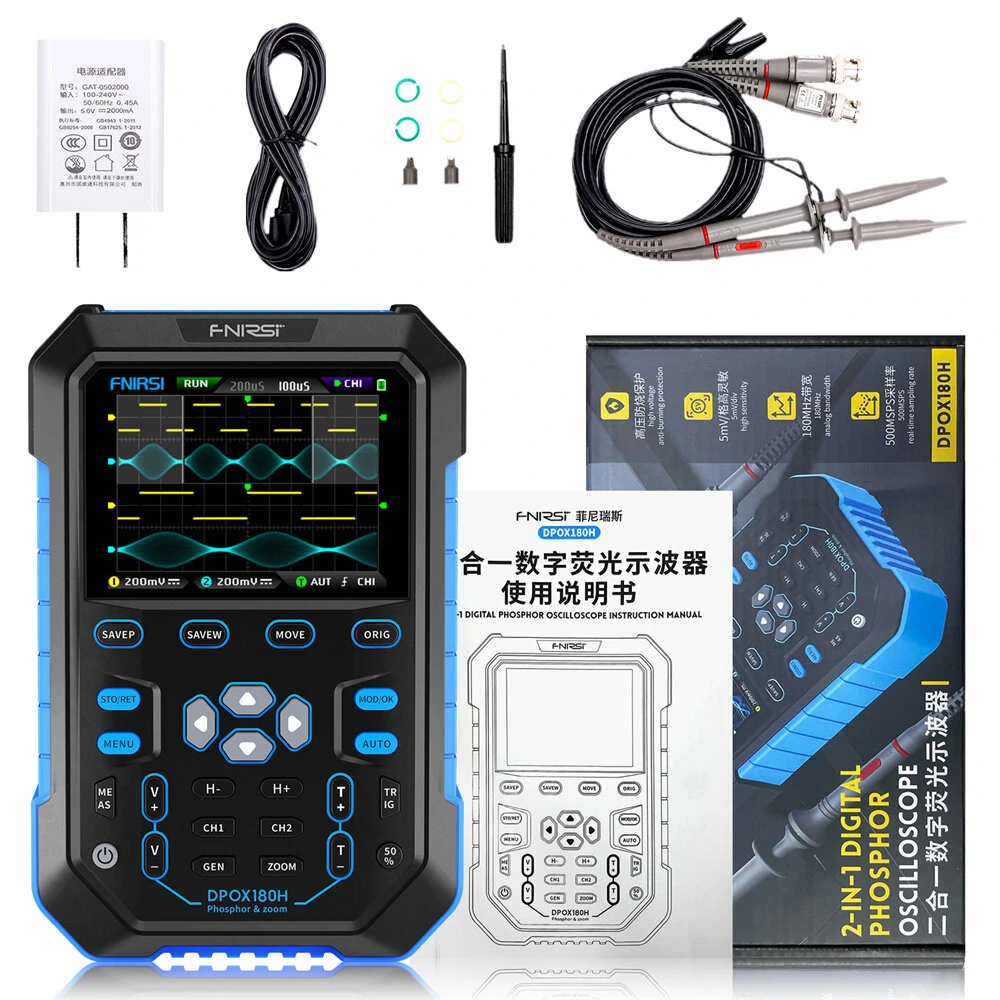 FNIRSI DPOX180H Handheld Dual Channel Digital Oscilloscope 180MHz-3DB 2 In 1 Function Signal Generator Fluorescence Display ZOOM