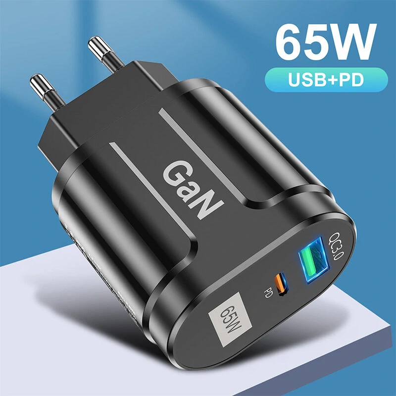 [GaN Tech] USLION 65W 2-Port USB PD Charger 33W USB-C PD+33W QC3.0 PD3.0 FCP AFC Fast Charging Wall Charger Adapter EU Plug for iPhone 12 13 14 14Pro for Huawei Mate50 for Samsung Galaxy S23 for Oppo Reno9