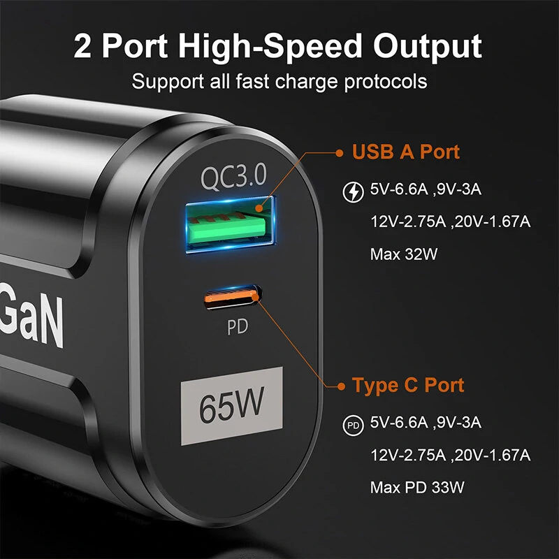 [GaN Tech] USLION 65W 2-Port USB PD Charger 33W USB-C PD+33W QC3.0 PD3.0 FCP AFC Fast Charging Wall Charger Adapter EU Plug for iPhone 12 13 14 14Pro for Huawei Mate50 for Samsung Galaxy S23 for Oppo Reno9