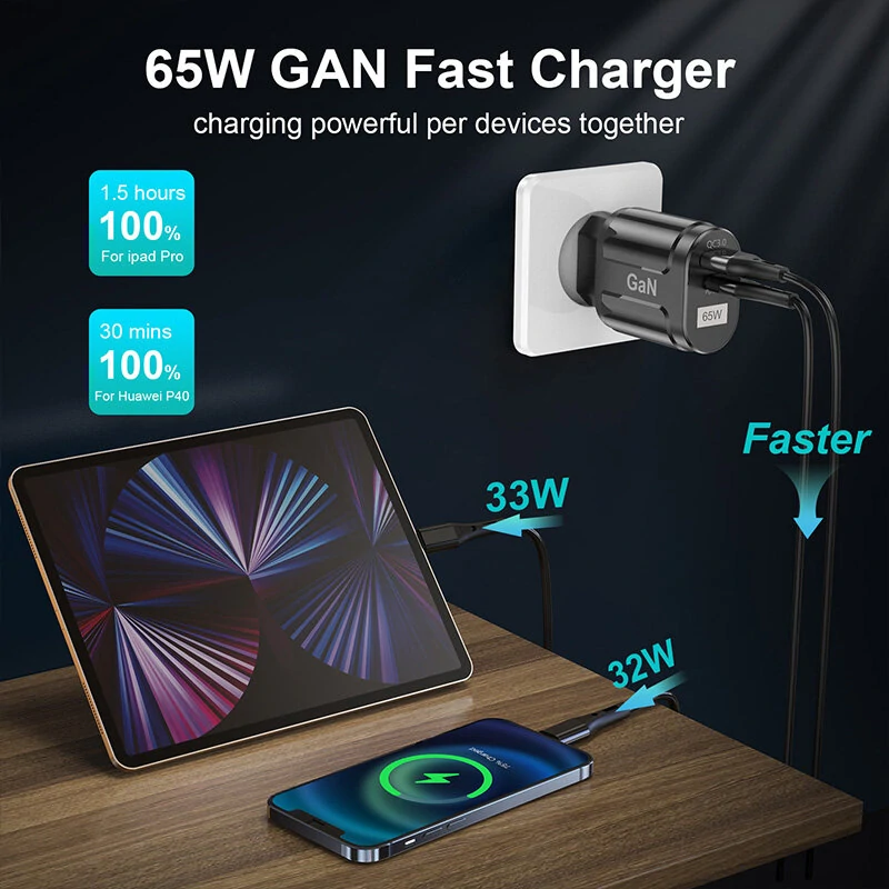 [GaN Tech] USLION 65W 2-Port USB PD Charger 33W USB-C PD+33W QC3.0 PD3.0 FCP AFC Fast Charging Wall Charger Adapter EU Plug for iPhone 12 13 14 14Pro for Huawei Mate50 for Samsung Galaxy S23 for Oppo Reno9