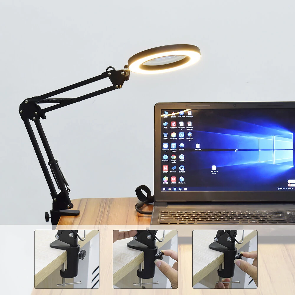 DANIU Flexible Desk Large 5X USB LED Magnifying Glass 33cm+33cm Bracket 3 Colors Illuminated Magnifier Lamp Loupe