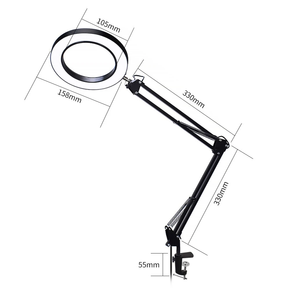 DANIU Flexible Desk Large 5X USB LED Magnifying Glass 33cm+33cm Bracket 3 Colors Illuminated Magnifier Lamp Loupe