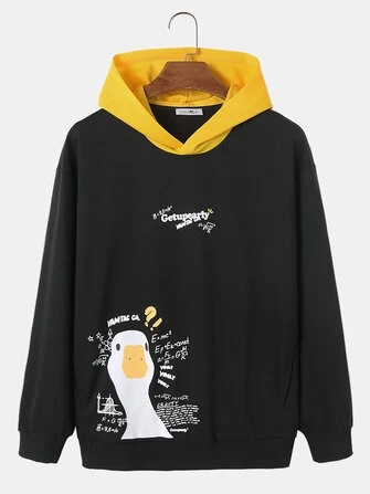 ChArmkpR Mens Hooded Sweatshirts Cartoon Duck Letter Print Loose Contrast Hoodies