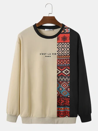 ChArmkpR Mens Ethnic Pattern Patchwork Long Sleeve Crew Neck Sweatshirts