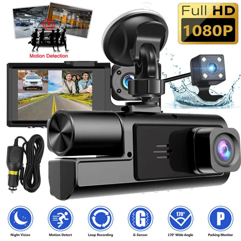 Car DVR Front Inside Rear HD Cameras 1080P Video Rearview Image Car Dash Cam Parking Monitoring with 64G Memory Card