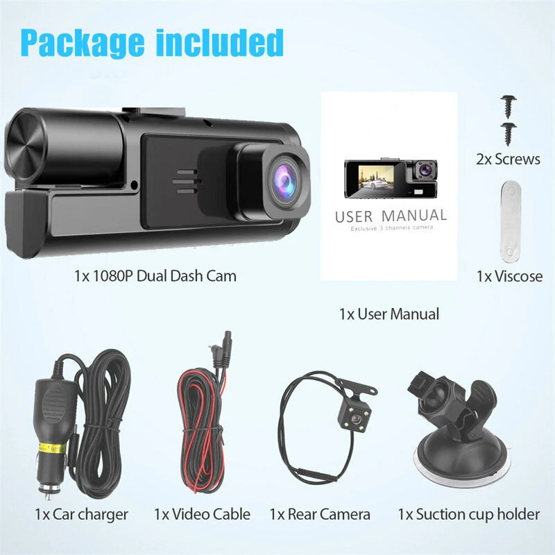 Car DVR Front Inside Rear HD Cameras 1080P Video Rearview Image Car Dash Cam Parking Monitoring with 64G Memory Card