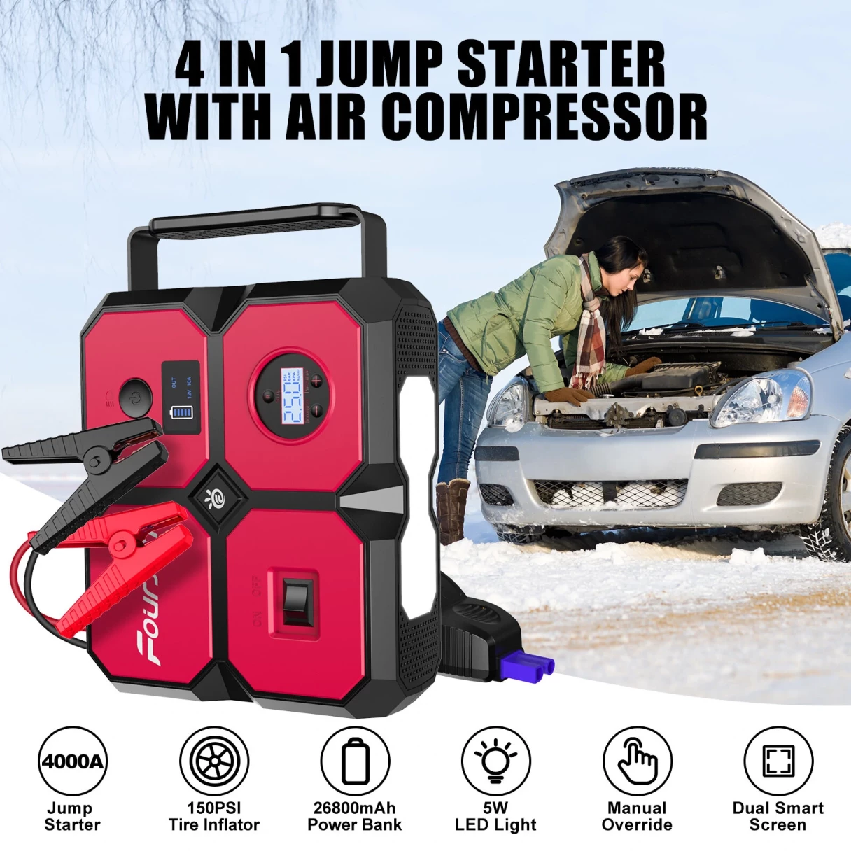 [EU/USA Direct] Foursun 26800Mah 4000A Portable Car Jump Starter with Air Compressor 10.35Bars Digital Tire Inflator with LED Light