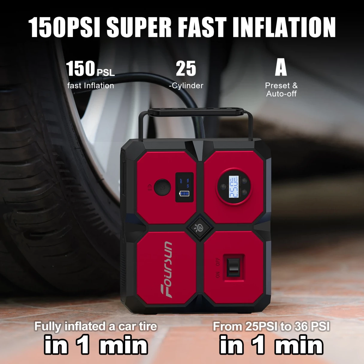 [EU/USA Direct] Foursun 26800Mah 4000A Portable Car Jump Starter with Air Compressor 10.35Bars Digital Tire Inflator with LED Light