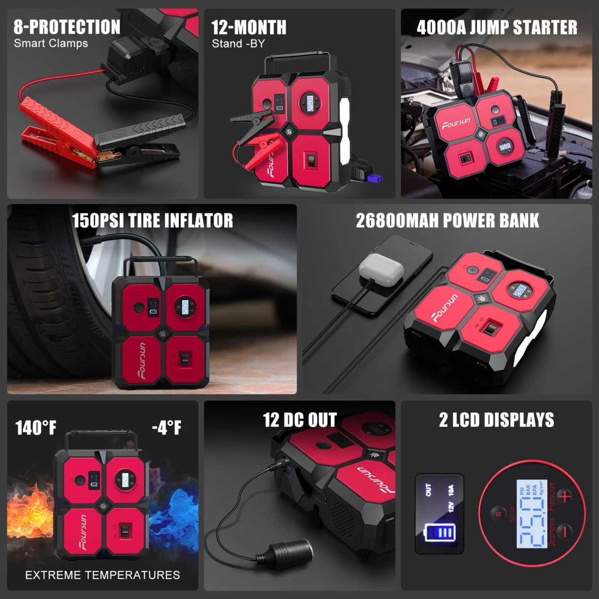 [EU/USA Direct] Foursun 26800Mah 4000A Portable Car Jump Starter with Air Compressor 10.35Bars Digital Tire Inflator with LED Light