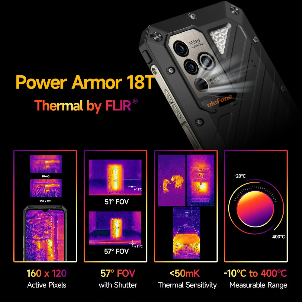 Ulefone Power Armor 18T 5G Thermal Imaging Camera 108MP Triple Camera 17GB 256GB MTK Dimensity 900 NFC 6.58 inch 120Hz 9600mAh 66W Fast Charge Wireless Charge IP68 IP69K Waterproof Rugged Smartphone