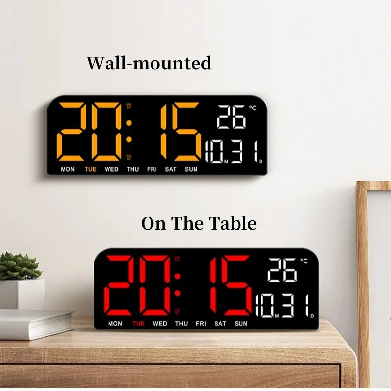 9 Inch Large Digital Wall Clock Temperature Date Week Timing Countdown Light-sensing Table Clock 2 Alarm 12/24H LED Alarm Clock