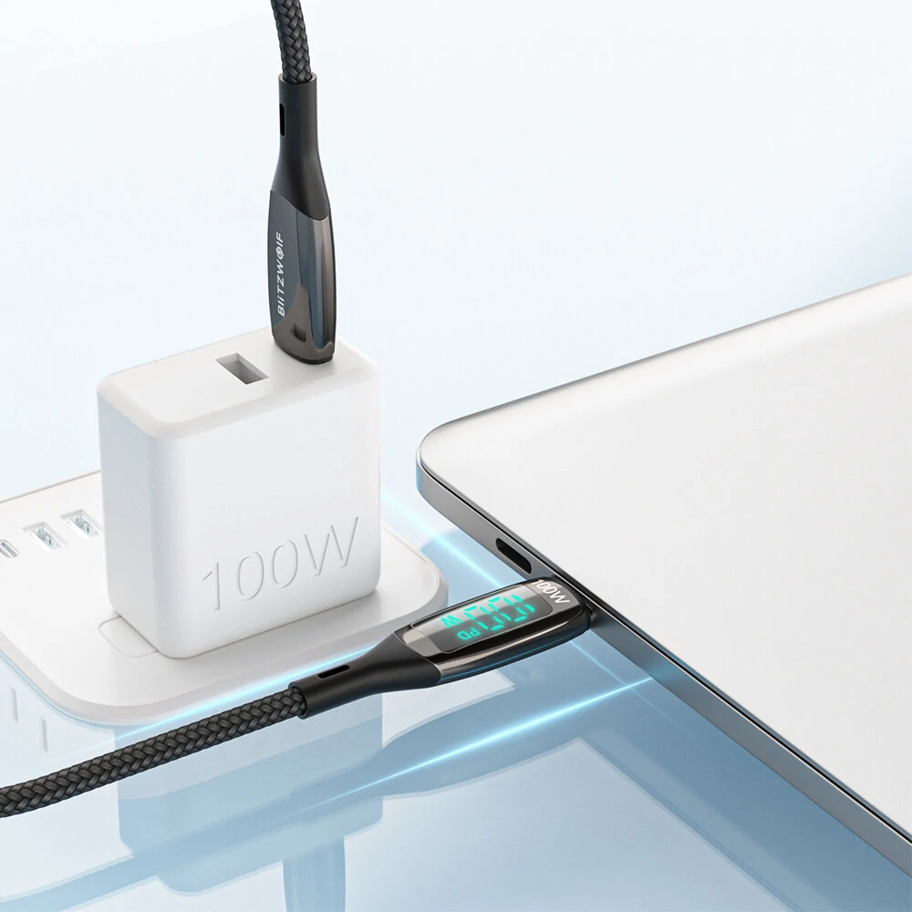 BlitzWolf® BW-TC23 100W 5A LED Display Type-C to Type-C Cable PD3.0 PPS QC4.0+ QC3.0 Fast Charging Data Transfer Cord Line For Samsung Galaxy S22 Note 20 For iPad Pro 2021 MacBook Air Xiaomi Mi12 Huawei P50