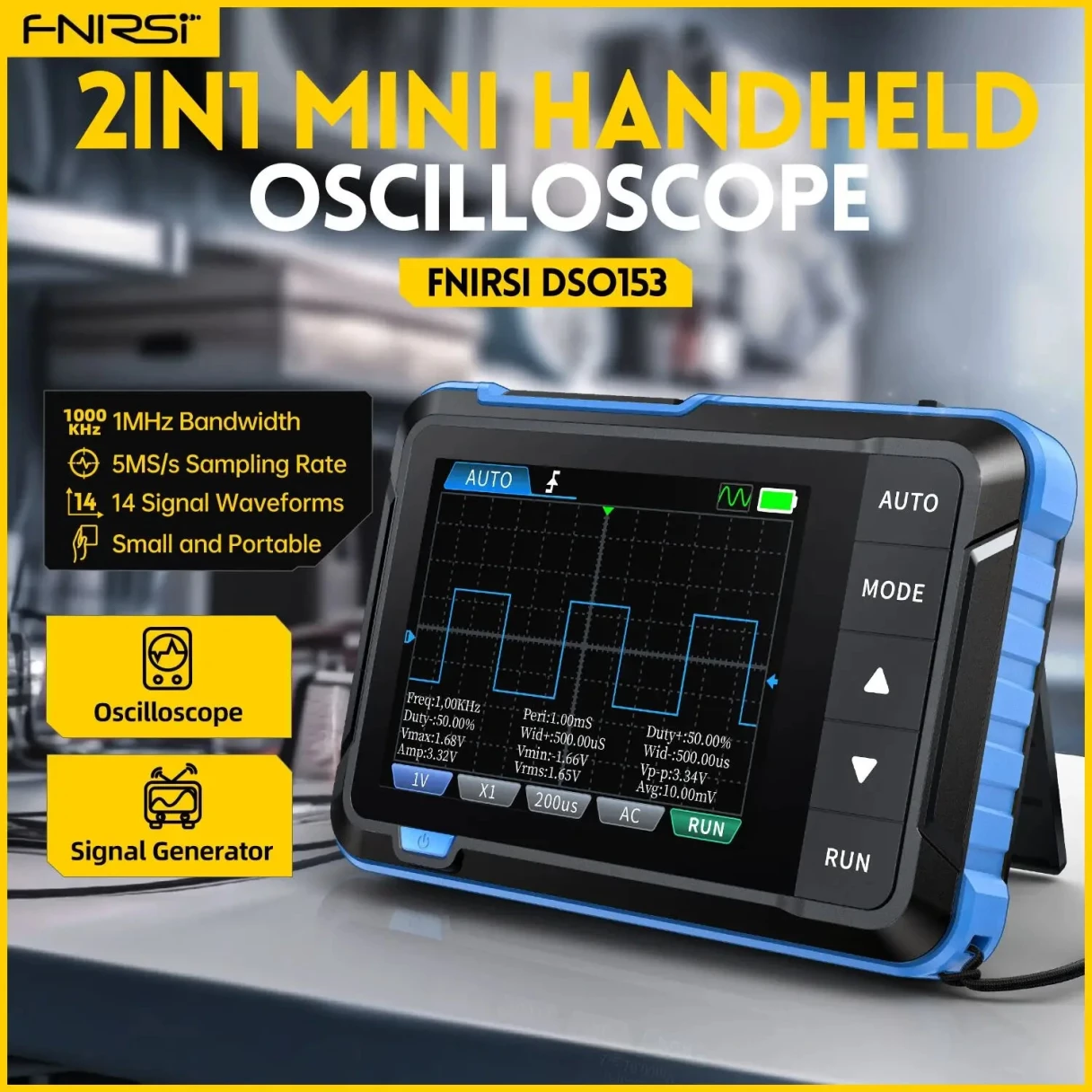 FNIRSI DSO153 Oscilloscope Signal Generator Oscope Meter 1M Bandwidth 5MS/s Sampling Rate Oscillometer Multiple Waveforms