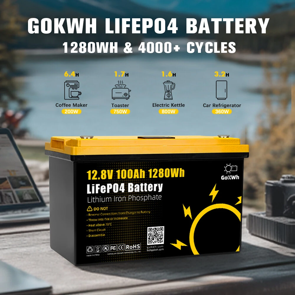 Gokwh 12V 100AH LiFePO4 Lithium Battery 1280Wh Energy Storage Box Battery Series LCD Capacity Display Built-in BMS