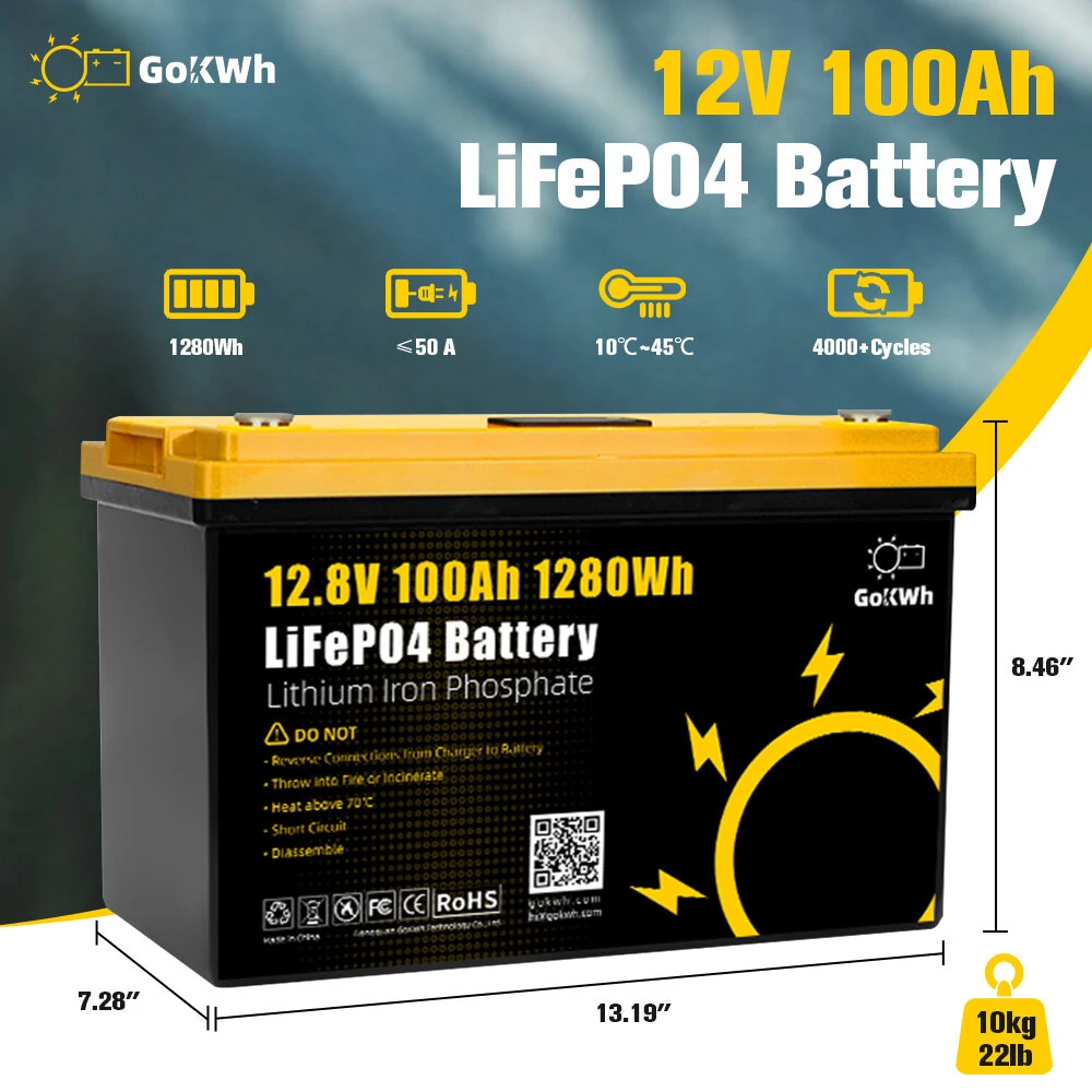 Gokwh 12V 100AH LiFePO4 Lithium Battery 1280Wh Energy Storage Box Battery Series LCD Capacity Display Built-in BMS