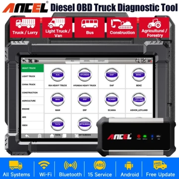 ANCEL X7HD Diesel Truck Scanner OBDII Diagnostic Tool Heavy Duty Diesel Truck Scan Tool Heavy Duty Truck Scanner Professional Full System 12V 24V Oil Regen ECU Reset Battery OBD2 Diagnostic T