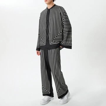 INCERUN 2 Piece Men's Striped Casual Outfit Set, Collar Button Up Top And Elastic Waist Wide Leg Trousers Set for Daily Wear Spring Fall Plus Size S-5xl