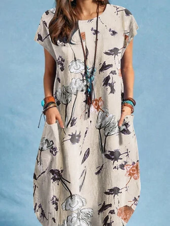 Plant Print Pocket Short Sleeve Casual Midi Dress
