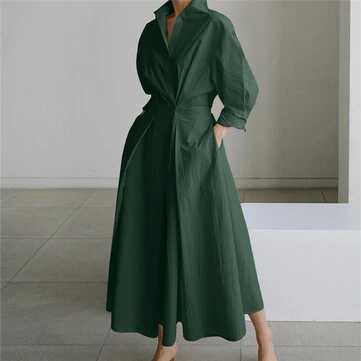 ZANZEA Women Fashion Autumn Sundress Elegant Women Lapel Neck Long Sleeve Solid OL Vestidos Robe Femme Long Shirt Dress Oversized