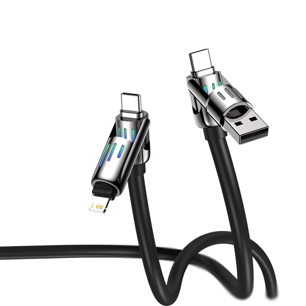 BlitzWolf® BW-HDC6 4-in-1 USB Cable 1.2M RGB Breathing Light PD 240W Fast Charging Cable Zinc Alloy Shell & Liquid Silicone Data Cable