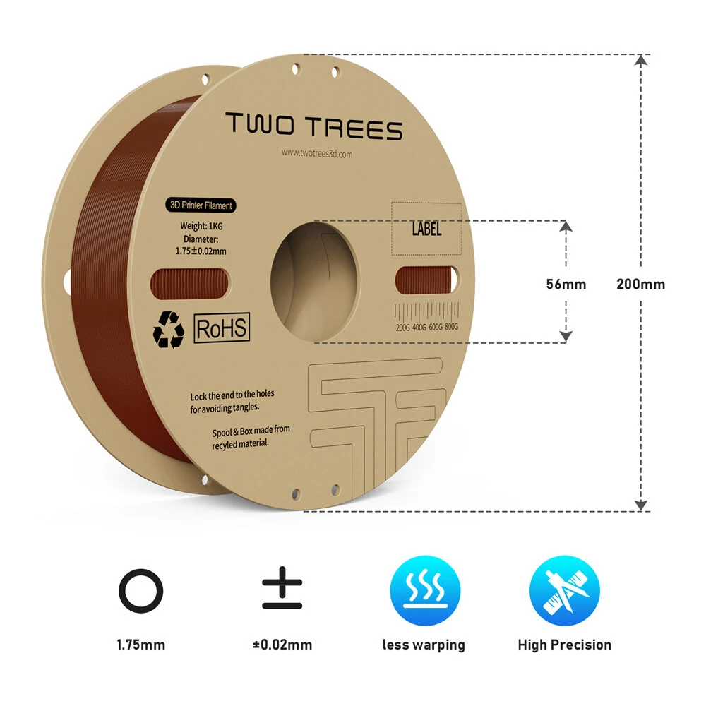 TWO TREES PLA 3D Printer High Speed Filament 1.75mm 1KG Eco-Friendly High Precision No Bubbles Smooth Printing Multiple Colors Black White Gray Green Blue Yellow Orange Red