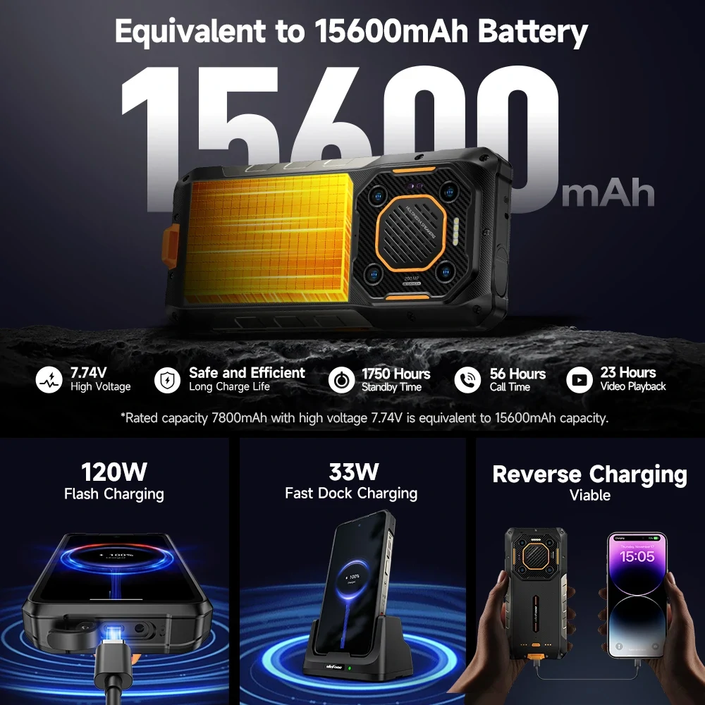 Ulefone Armor 26 Ultra 5G 200MP Quad Camera 64MP Night Vision 121dB Thunder Speaker 15600mAh 120W Fast Charge 24GB 512GB Dimensity 8020 NFC 6.78 inch 120Hz IP68 IP69K Waterproof Rugged Smartphone