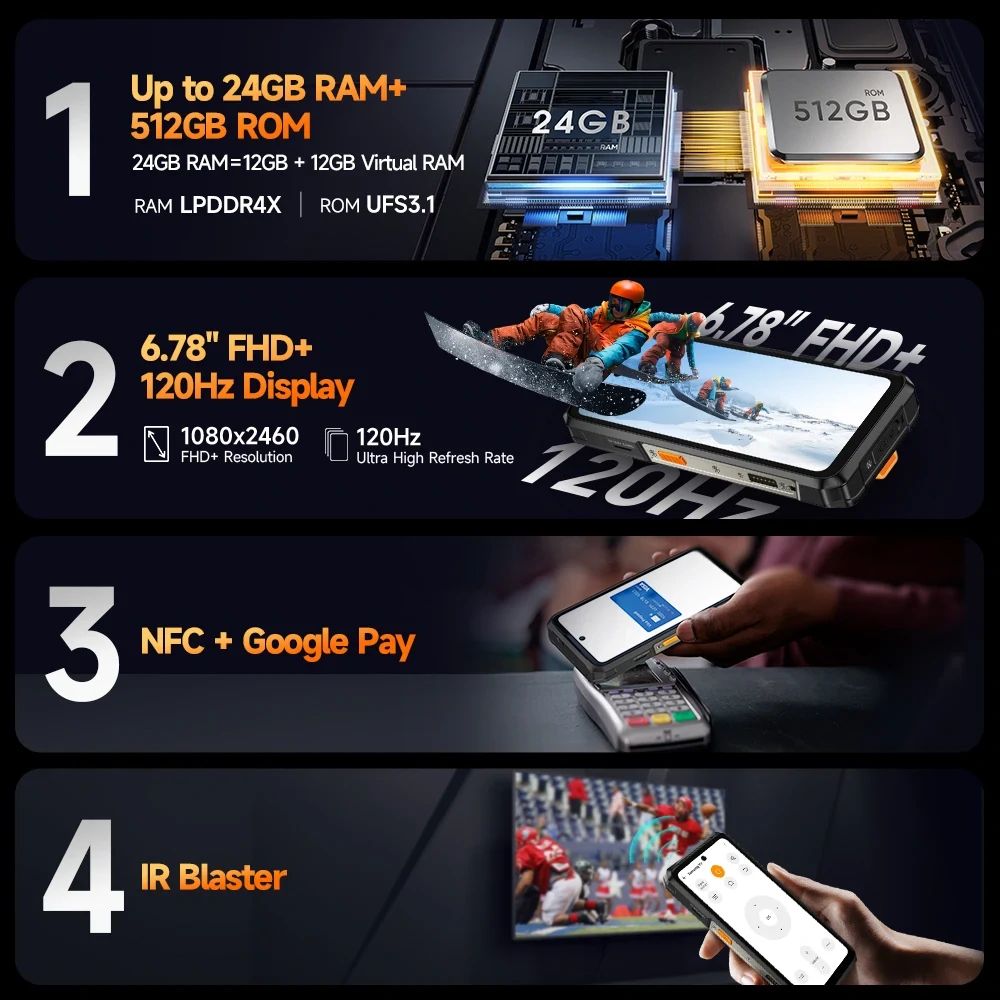 Ulefone Armor 26 Ultra 5G 200MP Quad Camera 64MP Night Vision 121dB Thunder Speaker 15600mAh 120W Fast Charge 24GB 512GB Dimensity 8020 NFC 6.78 inch 120Hz IP68 IP69K Waterproof Rugged Smartphone