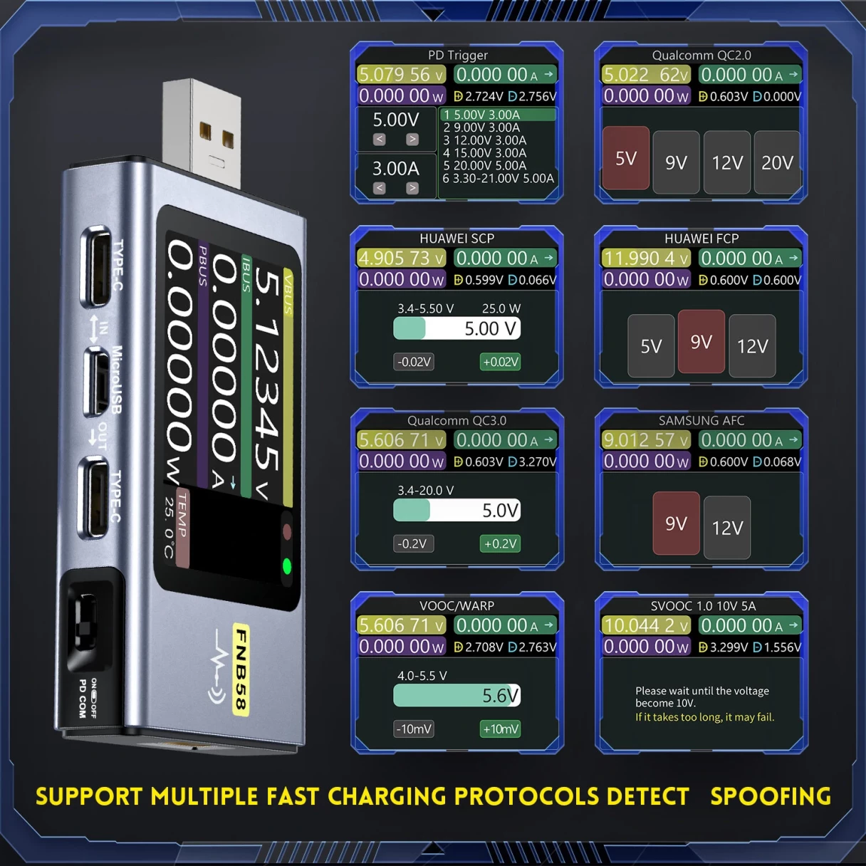 FNIRSI-FNB58 USB QC/PD Voltage and Current Meter Tester Type-C Multi-functional Fast Charging Tester HD Screen Display Human-Computer Interaction Cable Detection Measure Module
