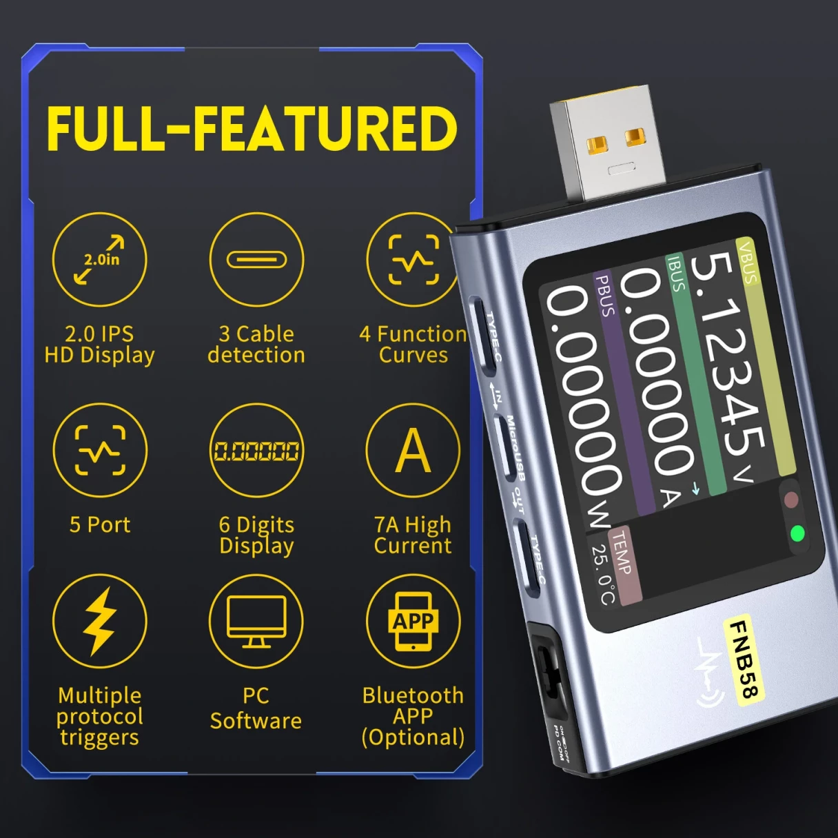 FNIRSI-FNB58 USB QC/PD Voltage and Current Meter Tester Type-C Multi-functional Fast Charging Tester HD Screen Display Human-Computer Interaction Cable Detection Measure Module