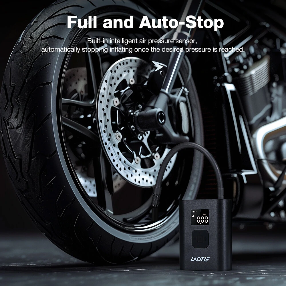 LAOTIE Q7 Mini Electric Bike Air Pump 150PSI 4000mAh Type-C Rechargeable LED Digital Gauge High Pressure Display Portable Cycle Car Motorbike Football Inflator With Hose Tube Adapter