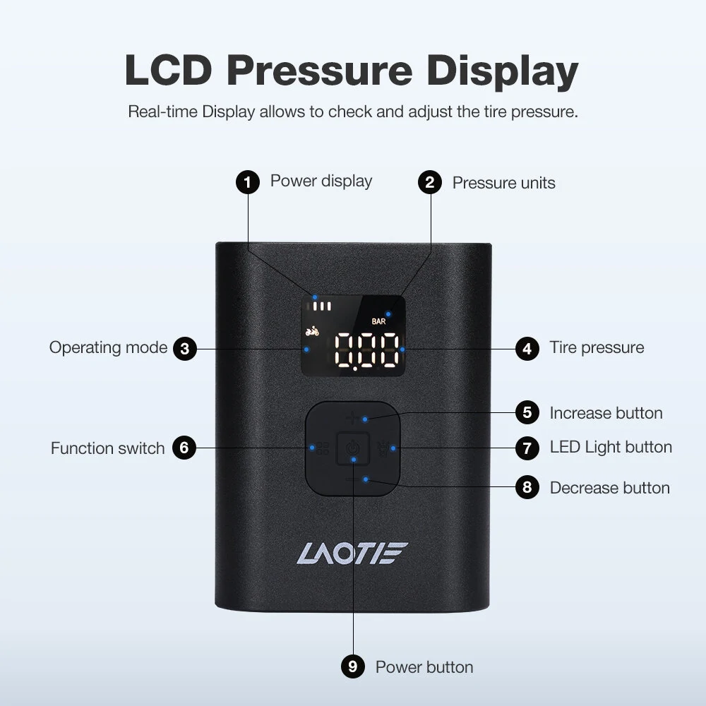 LAOTIE Q7 Mini Electric Bike Air Pump 150PSI 4000mAh Type-C Rechargeable LED Digital Gauge High Pressure Display Portable Cycle Car Motorbike Football Inflator With Hose Tube Adapter