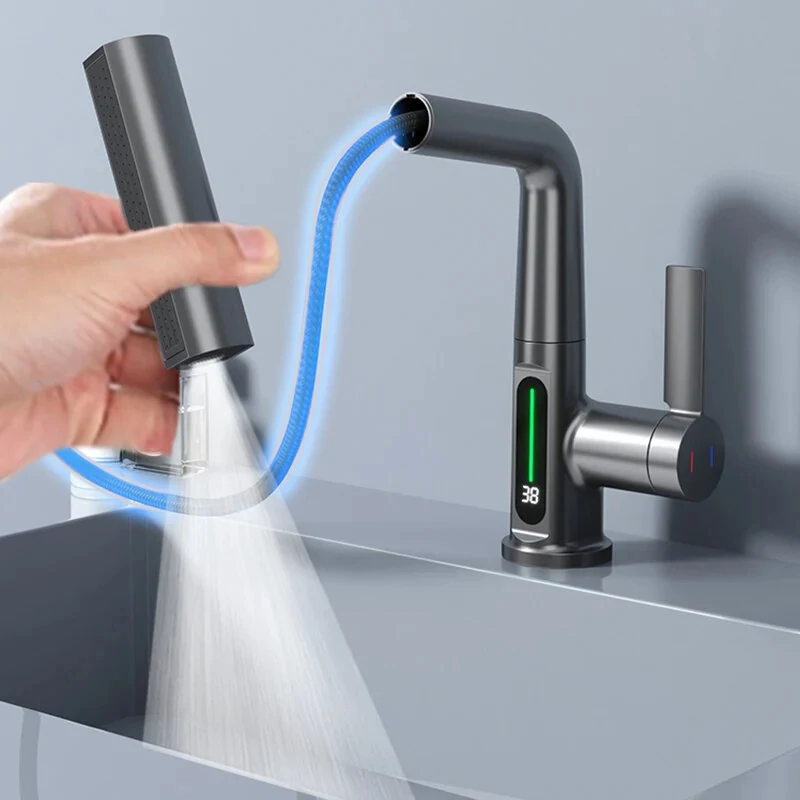 Stainless Steel Washing Faucet with Digital Temperature Display Dual Hot and Cold Function Ceramic Valve Includes Two 60CM G1/2 Hoses Versatile and Suitable for 99% of Sinks and Basins