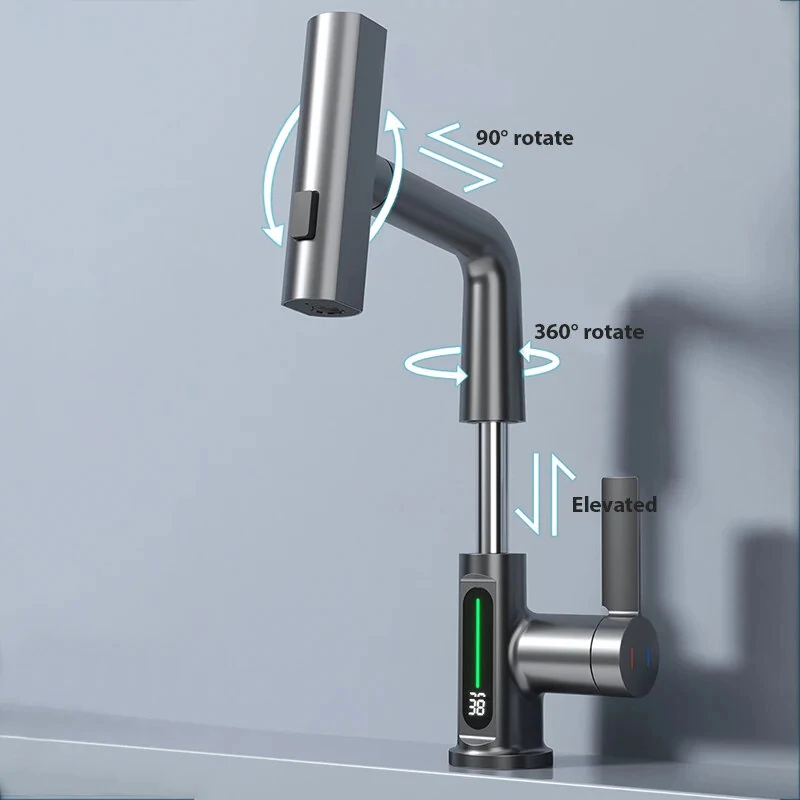 Stainless Steel Washing Faucet with Digital Temperature Display Dual Hot and Cold Function Ceramic Valve Includes Two 60CM G1/2 Hoses Versatile and Suitable for 99% of Sinks and Basins