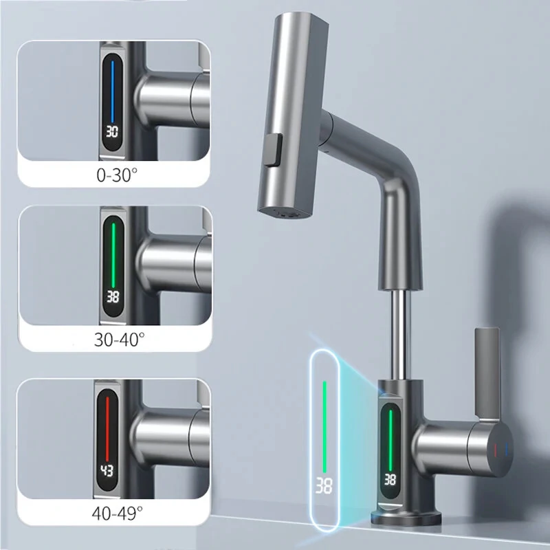 Stainless Steel Washing Faucet with Digital Temperature Display Dual Hot and Cold Function Ceramic Valve Includes Two 60CM G1/2 Hoses Versatile and Suitable for 99% of Sinks and Basins