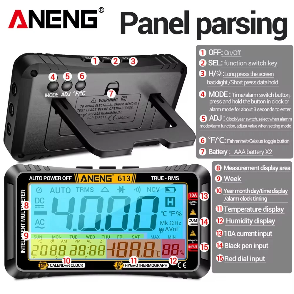 ANENG 613Pro Smart Multimeters DC/AC Voltage Capacitor Tester 4000 Counts 10A Current 600V Voltmeter Test Alarm Clock Set Tools