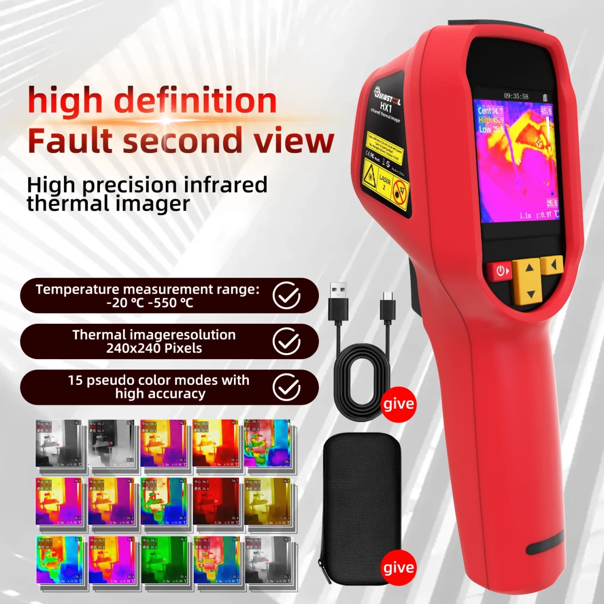 HX1 240x240 Pixels Infrared Thermal Imager 2.4-inch TFT LCD Screen IP54 -20°C-550°C 25Hz Thermal imager frame rate 15 pseudo color modes with high accuracy USB charging