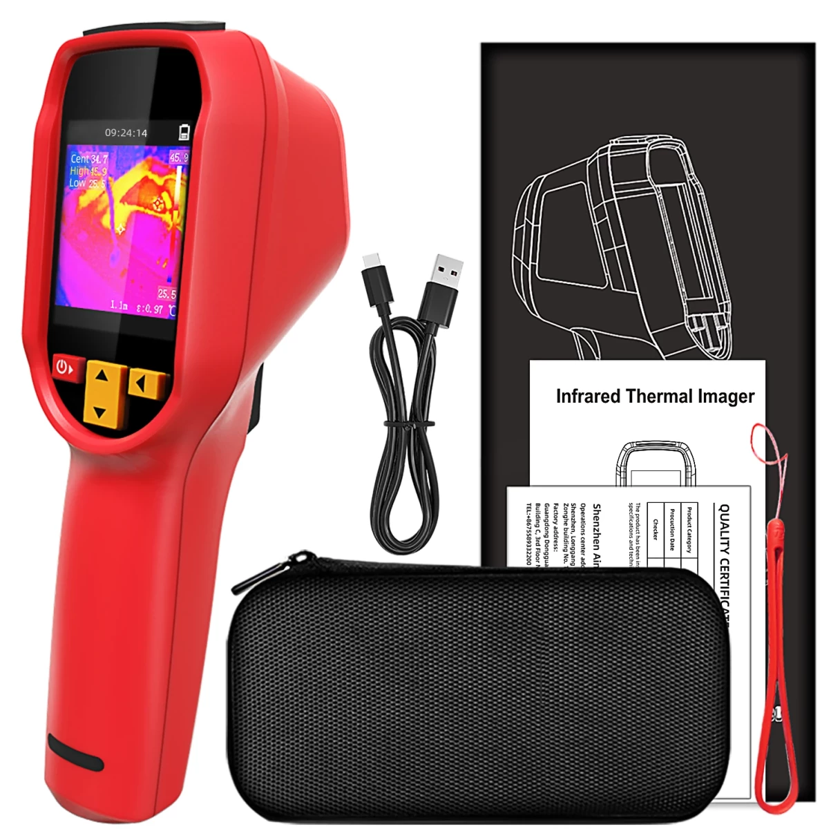 HX1 240x240 Pixels Infrared Thermal Imager 2.4-inch TFT LCD Screen IP54 -20°C-550°C 25Hz Thermal imager frame rate 15 pseudo color modes with high accuracy USB charging