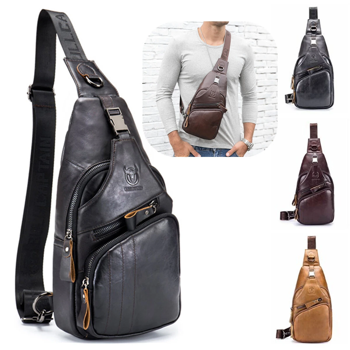 BULLCAPTAIN Men Multi-Pocket Leather Chest Bag Casual Sports Multifunctional Large Capacity Crossbody Shoulder Bag