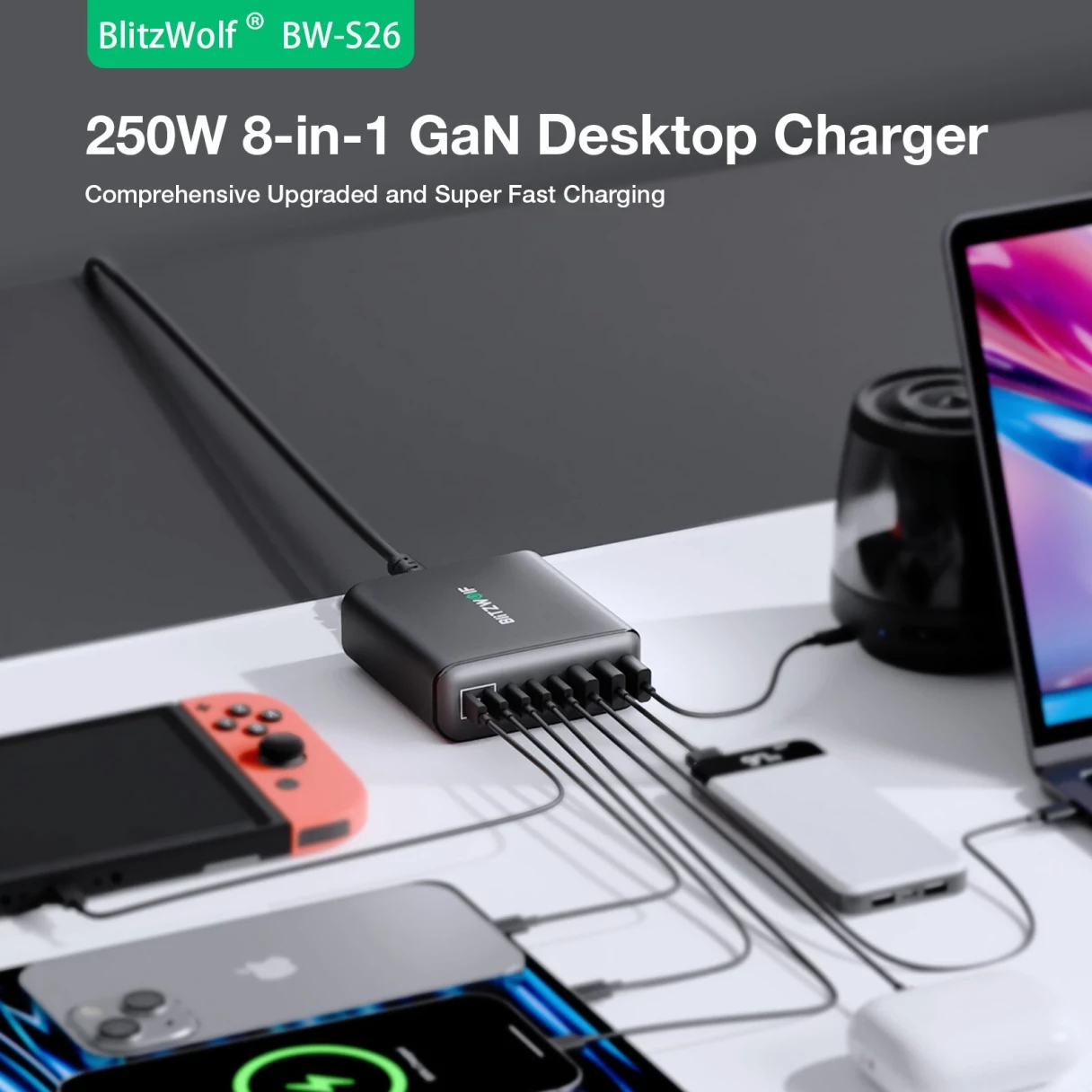 [GaN Tech] Blitzwolf® BW-S26 250W 8-Port USB PD Charger 3USB-A+5USB-C PD3.0 QC3.0 AFC FCP PPS APPLE Fast Charging Desktop Charging Station EU Plug for iPhone 15 14 13 for Samsung Galaxy Z Flip4 for MacBook Pro for Airpods for Apple Watch