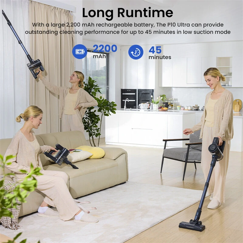 [EU Direct] Proscenic P10 Ultra Cordless Vacuum Cleaner, 25KPa Suction, 600ml Dustbin, 5-Stage Filtration System, 2200mAh Detachable Battery, Up to 45 Mins Runtime, Flexible Floor Brush, LED Headlights