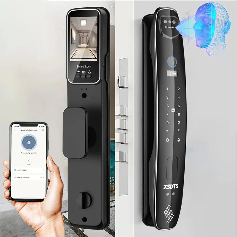 CS7 Smart Door Lock with 30*240mm Lock Body 3D Face Recognition Security Camera Monitor Intelligent Fingerprint Password Biometric Electronic Key Unlock Doorlock