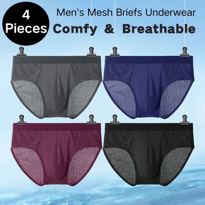 4 Pack Men's Bamboo Mesh Briefs Underwear Breathable Hombre Hole Large Size Panties Male Shorts Lingerie Underpants